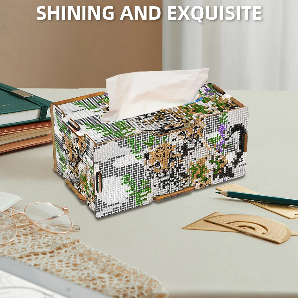 Leopard 5D DIY Diamond Painting Handmade Tissue Holder Wooden Tissue Box Craft