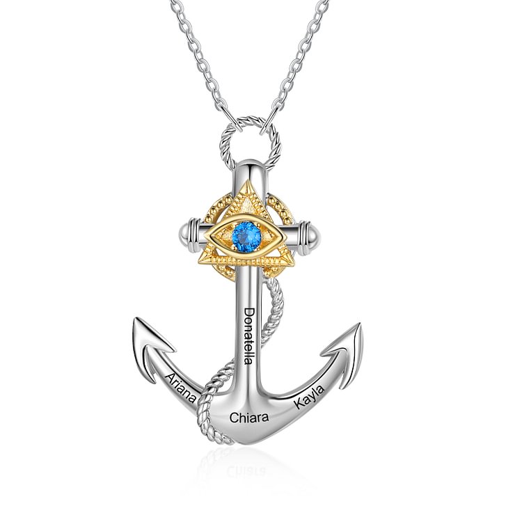 Collar de ancla marina náutica Colgante de ancla pirata 4 nombres personalizados con piedra de nacimiento