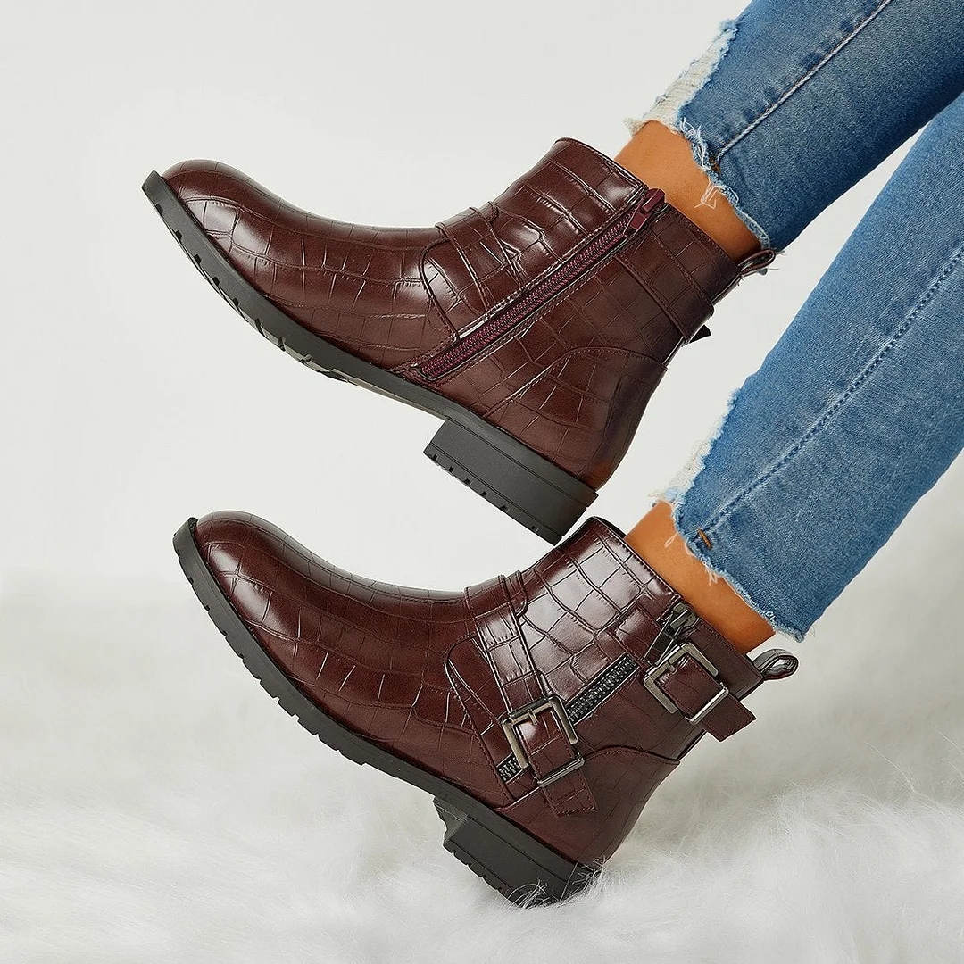 Women Trendy Bright Leather Zipper Buckle Ankle Boots