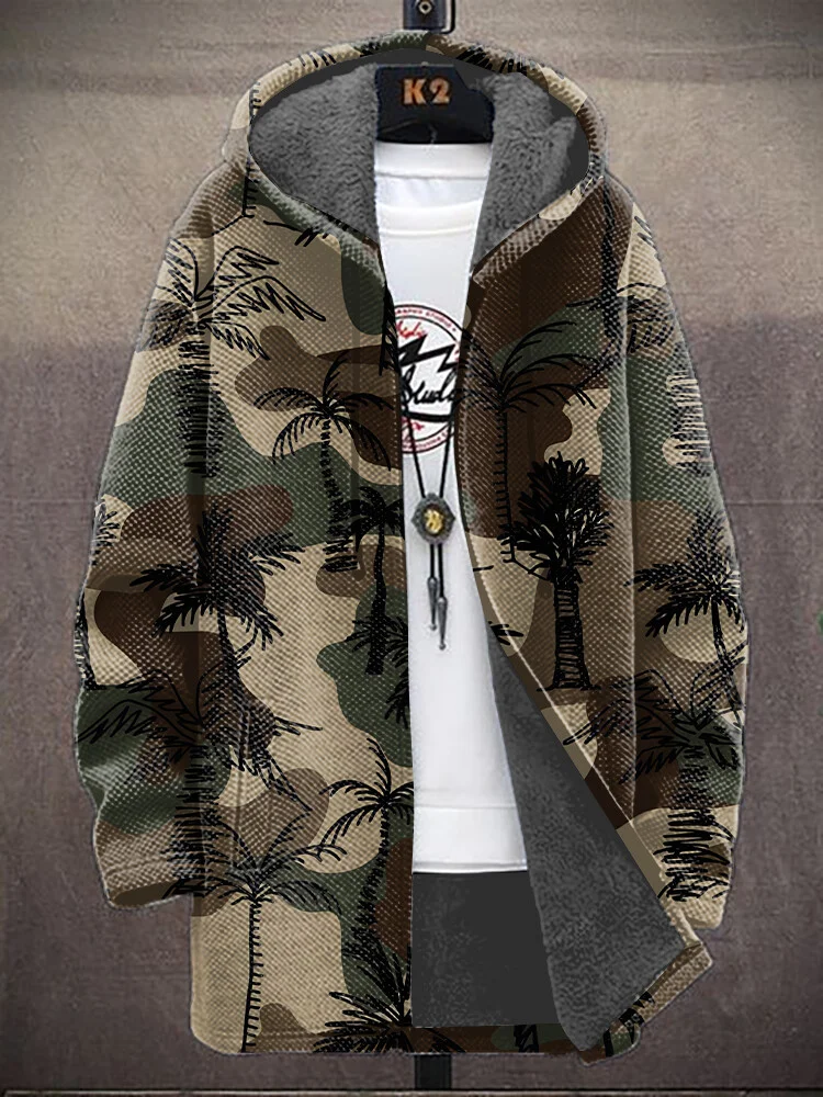 Men's Sketch Coconut Tree Art Print Hooded Trench Coat