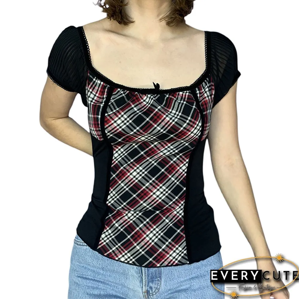 Vintage Y2k Plaid Print Patchwork Tops Women Square Collar Retro Grunge Crop Tees Ruffle