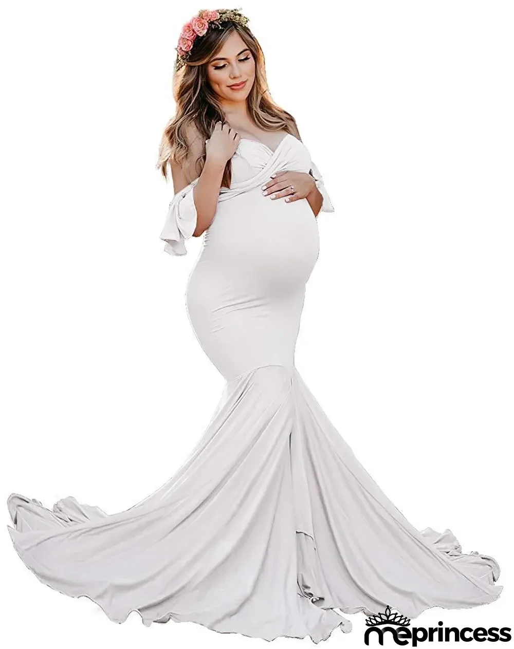 Maternity Ruffle Sleeve Cross V-Neck Trailing Dress