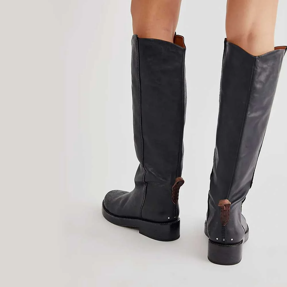 Black Faux Leather Round Toe Chunky Heel Pull Tab Knee High Boots