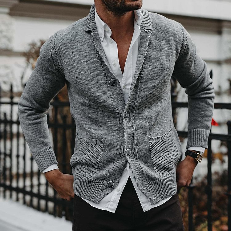 Men's Solid V-Neck Long Sleeve Pocket Knit Cardigan Jacket