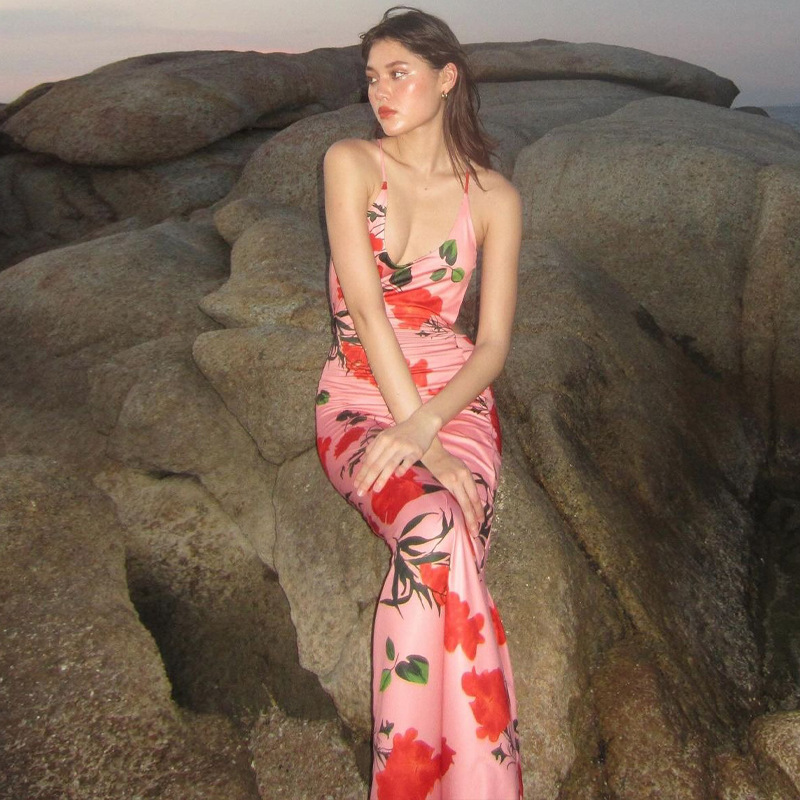 Ootddress Printed Backless Fashion Dress For Women Bandage Summer 2025 Slim Elegant Ladies Party Dress Gown Lace-Up Sexy Maxi Dress