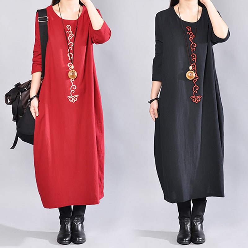 Large Size Autumn Ethnic Style Fat Loose Long Sleeve Cotton And Linen Dress For Women