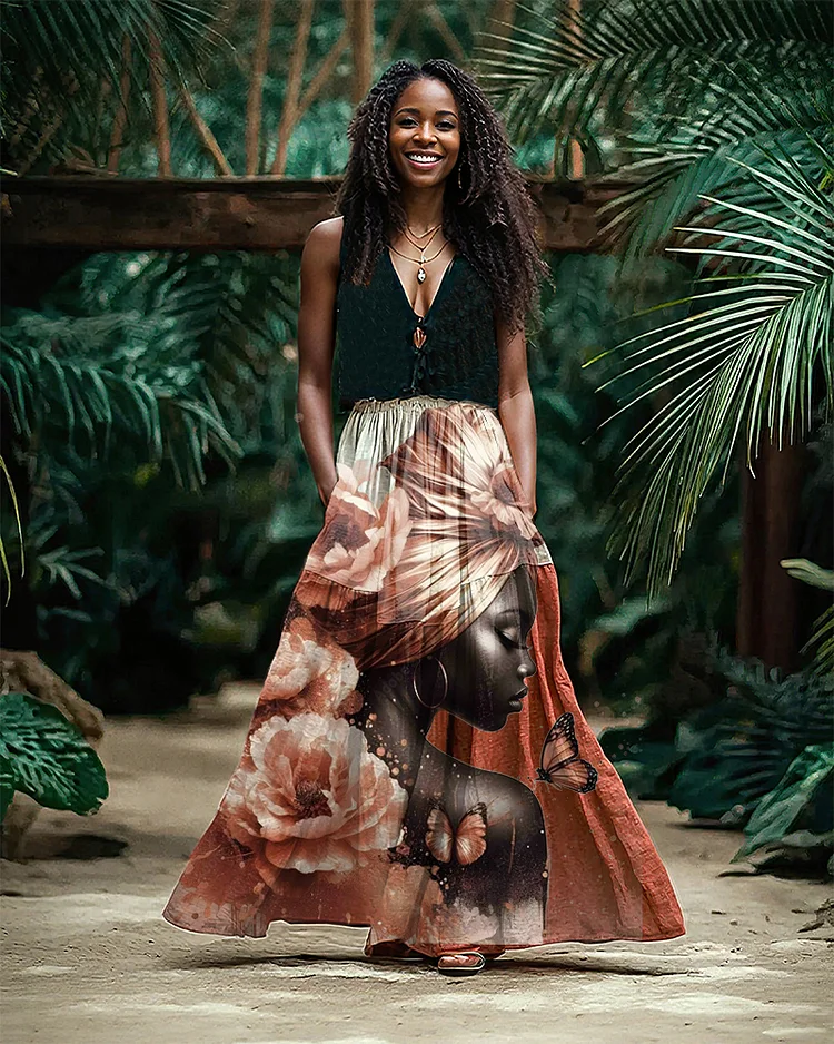 Artistic Flower Portrait Linen Pocket Skirt