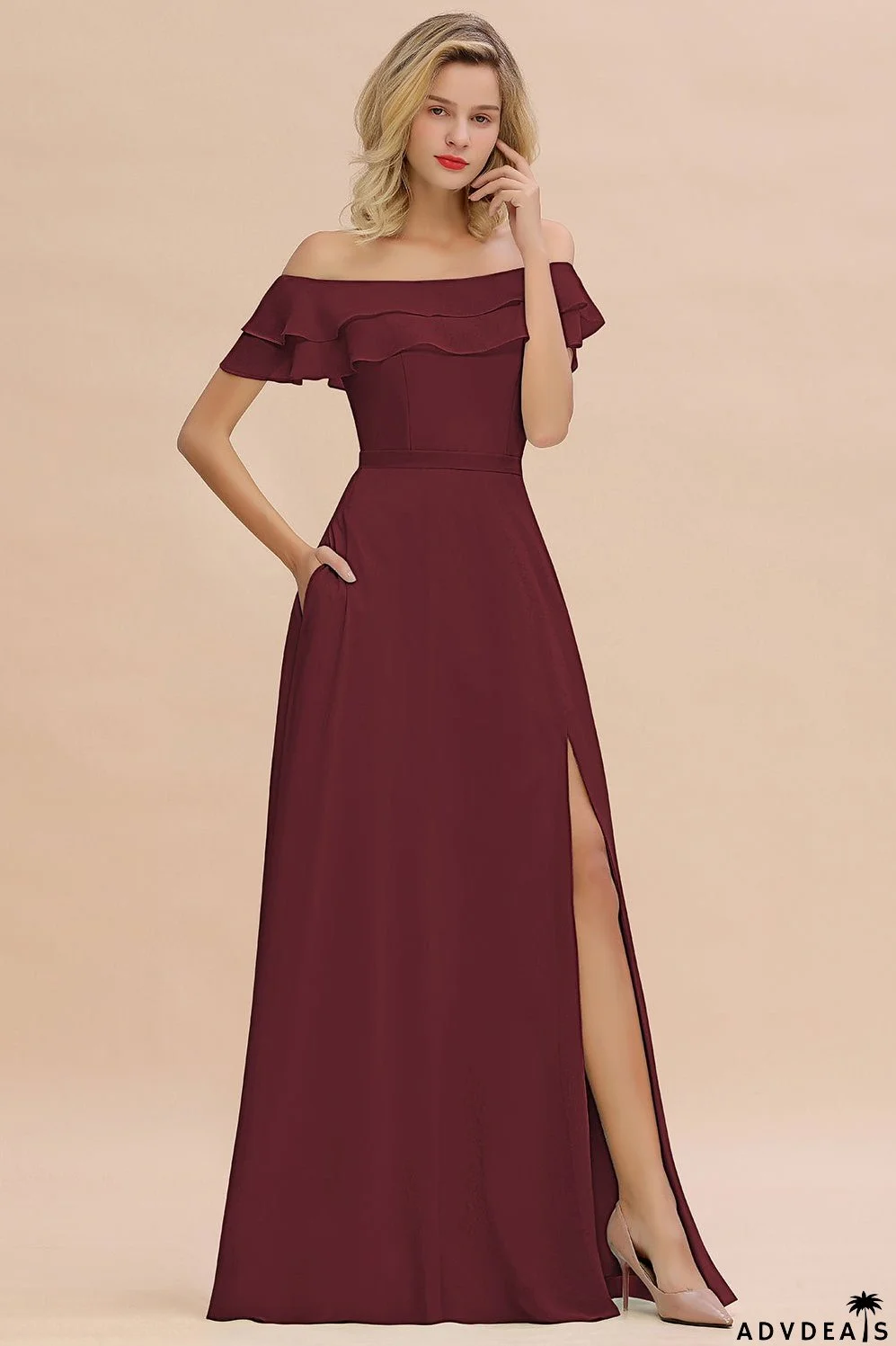 Exquisite Off-the-shoulder Slit Mint Green Bridesmaid Dresses With Pockets