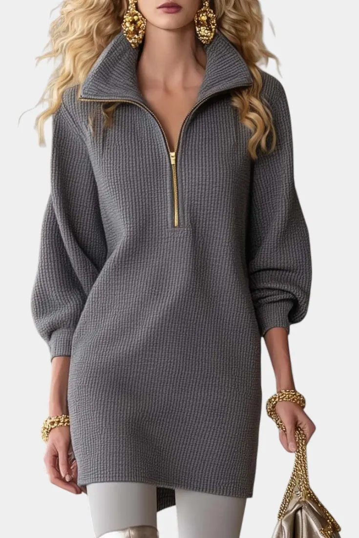 Oversized Zip Front Sweater Dress with Lapel Collar