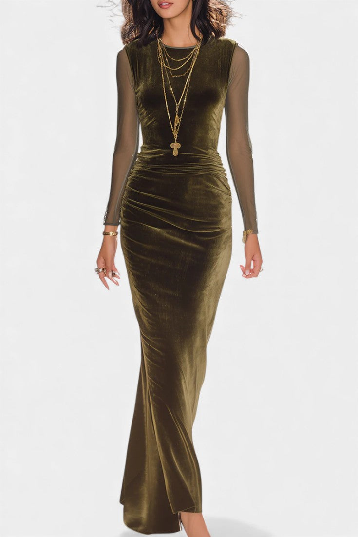Olive Maxi Dress with Sheer Long Sleeves