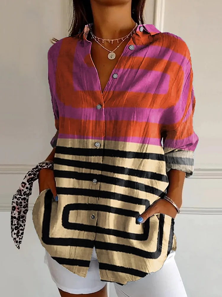 Women's Color-blocked Abstract Graphics Print Casual Cotton Shirt