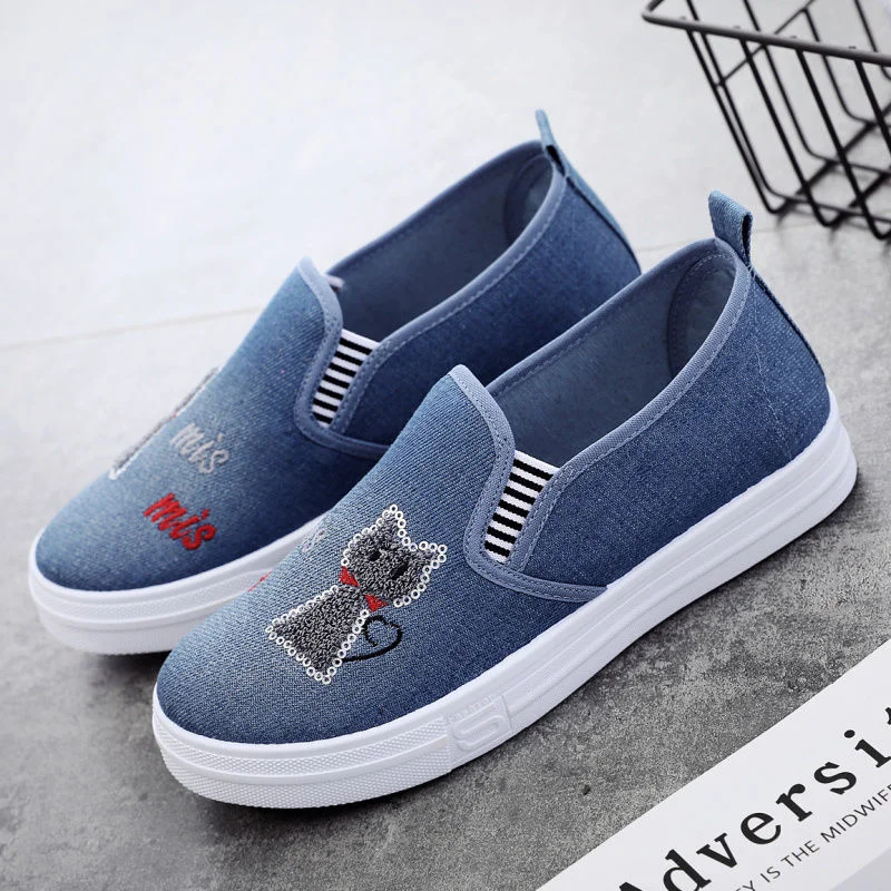 Qengg Women's Spring summer shoes comfortable denim canvas shoes with printings lady soft lazy loafers chaussures de dame