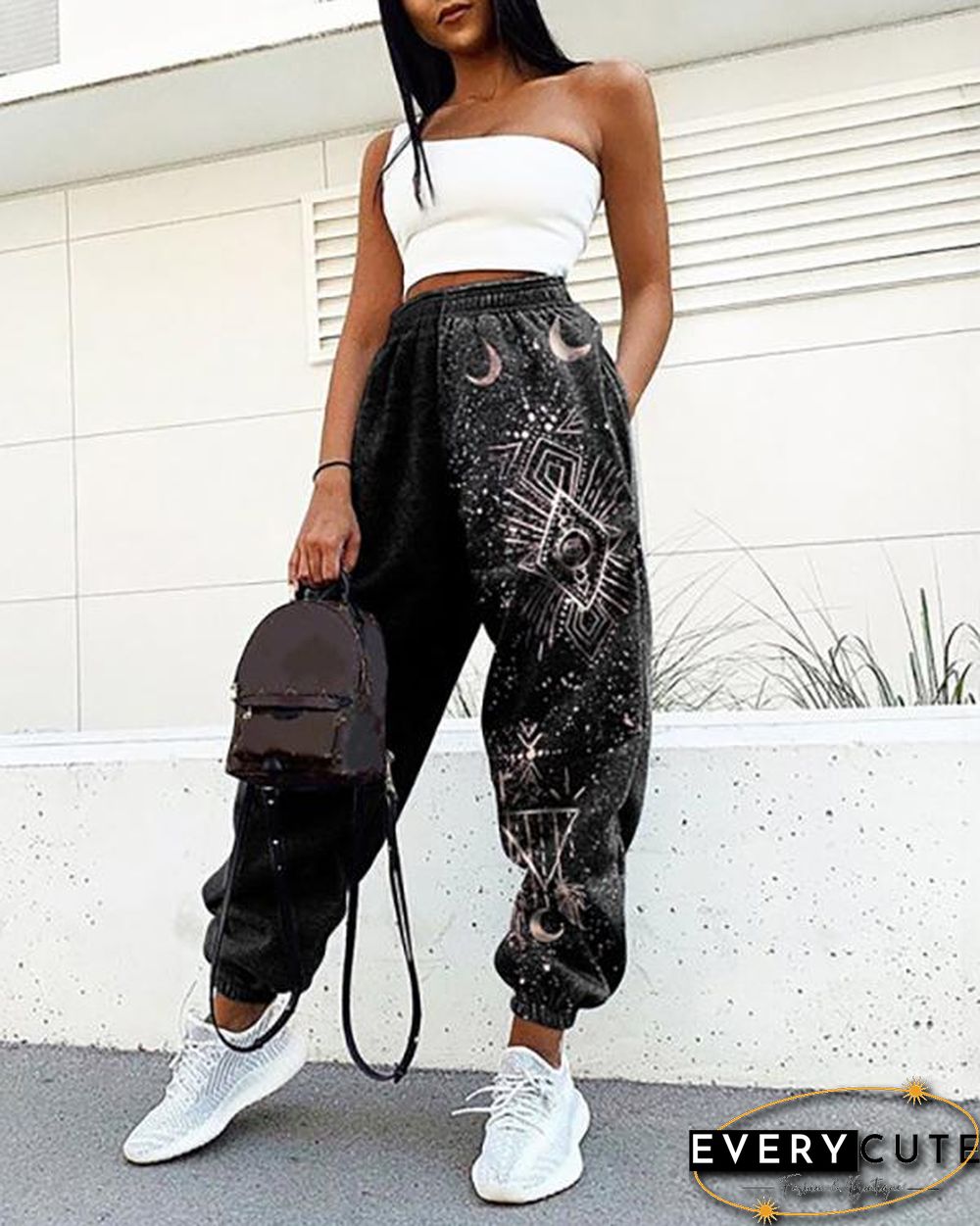 Ladies Casual Retro Sun Starry Sky Print Loose Fitness Sweatpants Trousers
