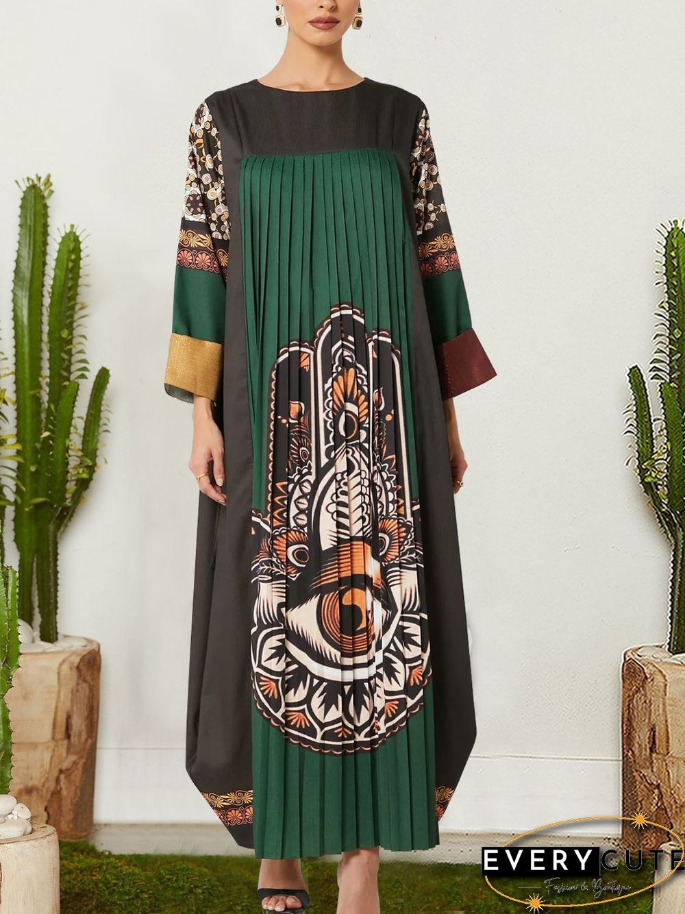 Pleated Round Neck Printed Long Sleeve Maxi Dress