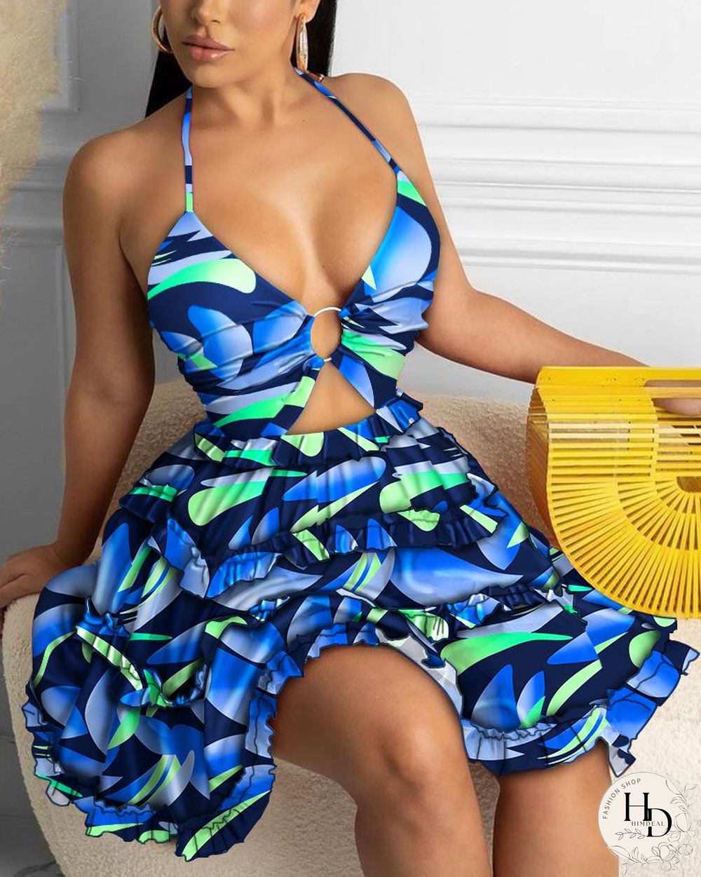 Cami Open Front Frill Hem Floral Print Dress