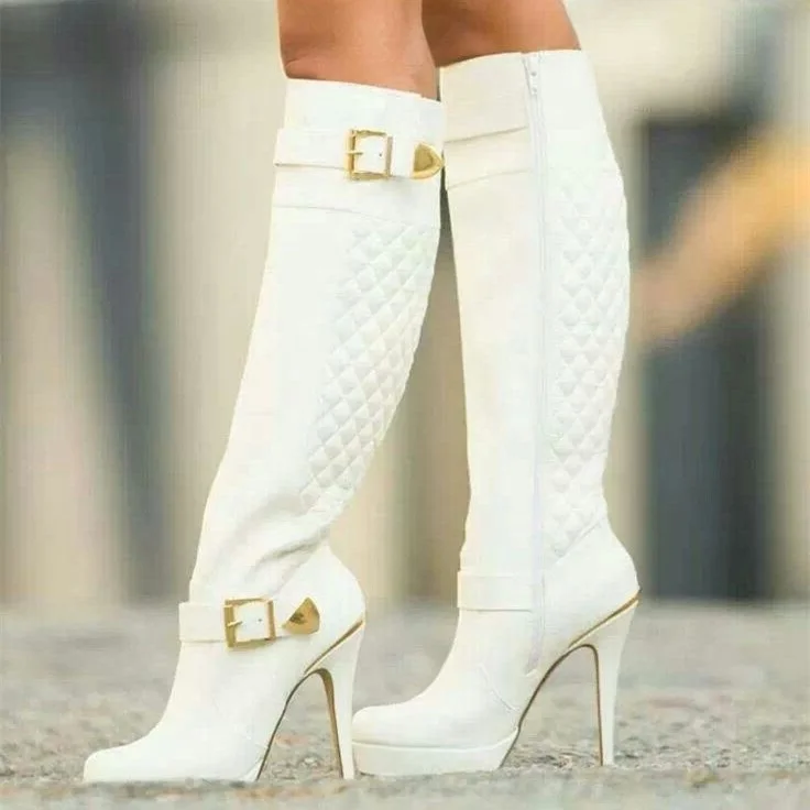 White Quilted Buckles Stilettos Knee High Boots with Platform |FSJ Shoes