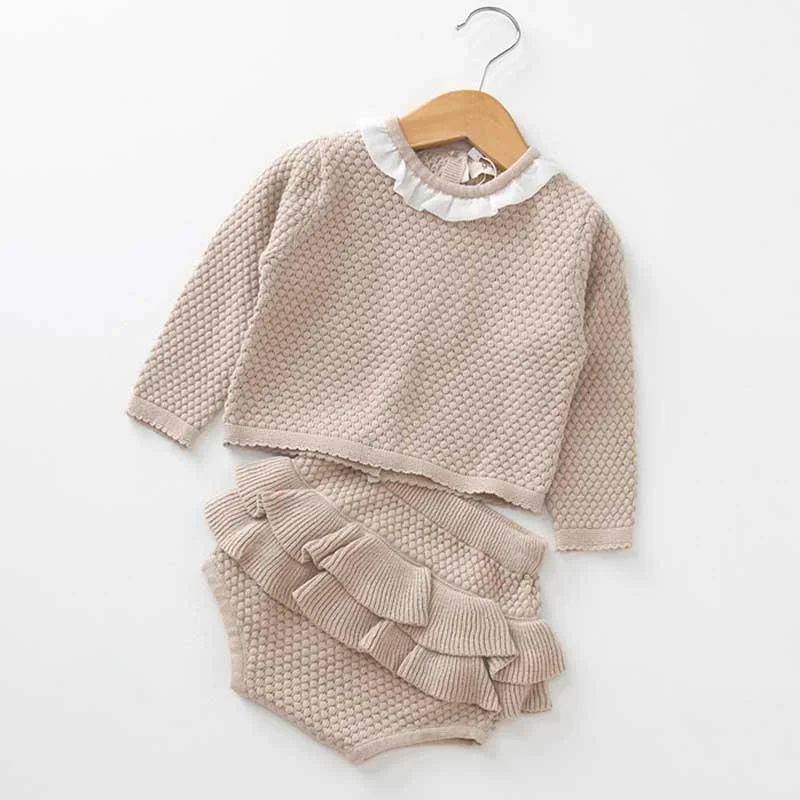 0-2 Year Old Clothing New 2021 Autumn Baby Girls Suit Knit Cotton Baby Long Sleeve Blouse + Lotus Leaf Shorts Baby Clothing Set