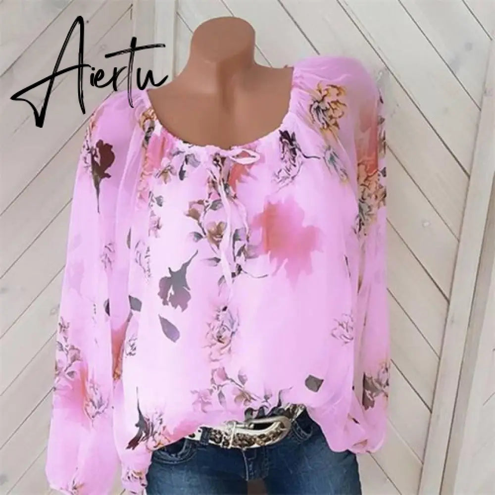 Women Blouse Shirt Plus Size Long Sleeve Top Casual Women clothing Loose Blouse Shirts Floral Lace Up Shirts Blousa Women Aiertu