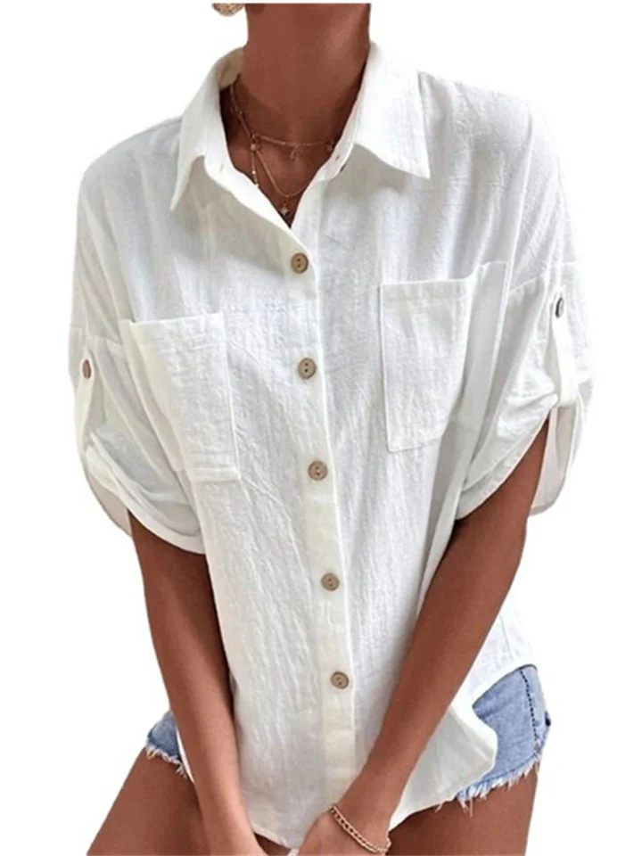 Summer Women's Shirts New Medium-sleeved Pocket Lapel Medium-length Cotton Linen Solid Color Shirt-Cosfine