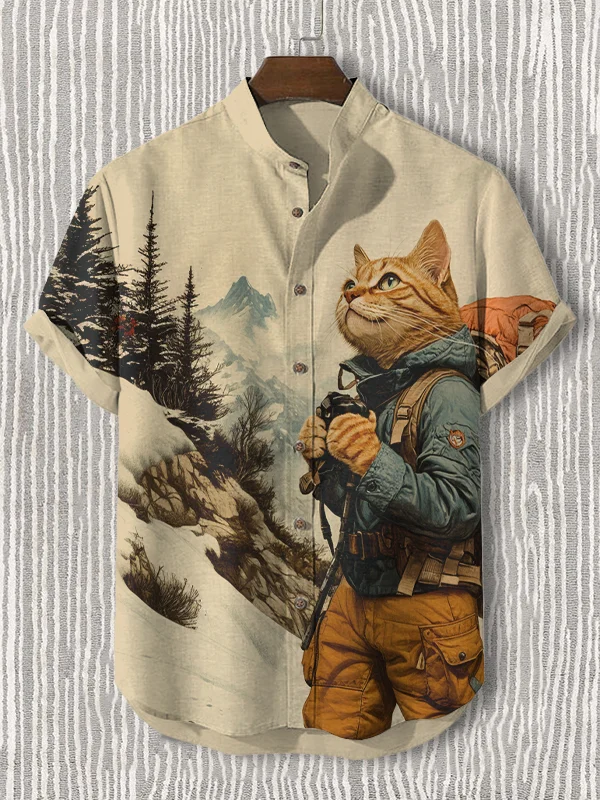 Men's Nature Scenery Cat Hiking Art Print Casual Shirt