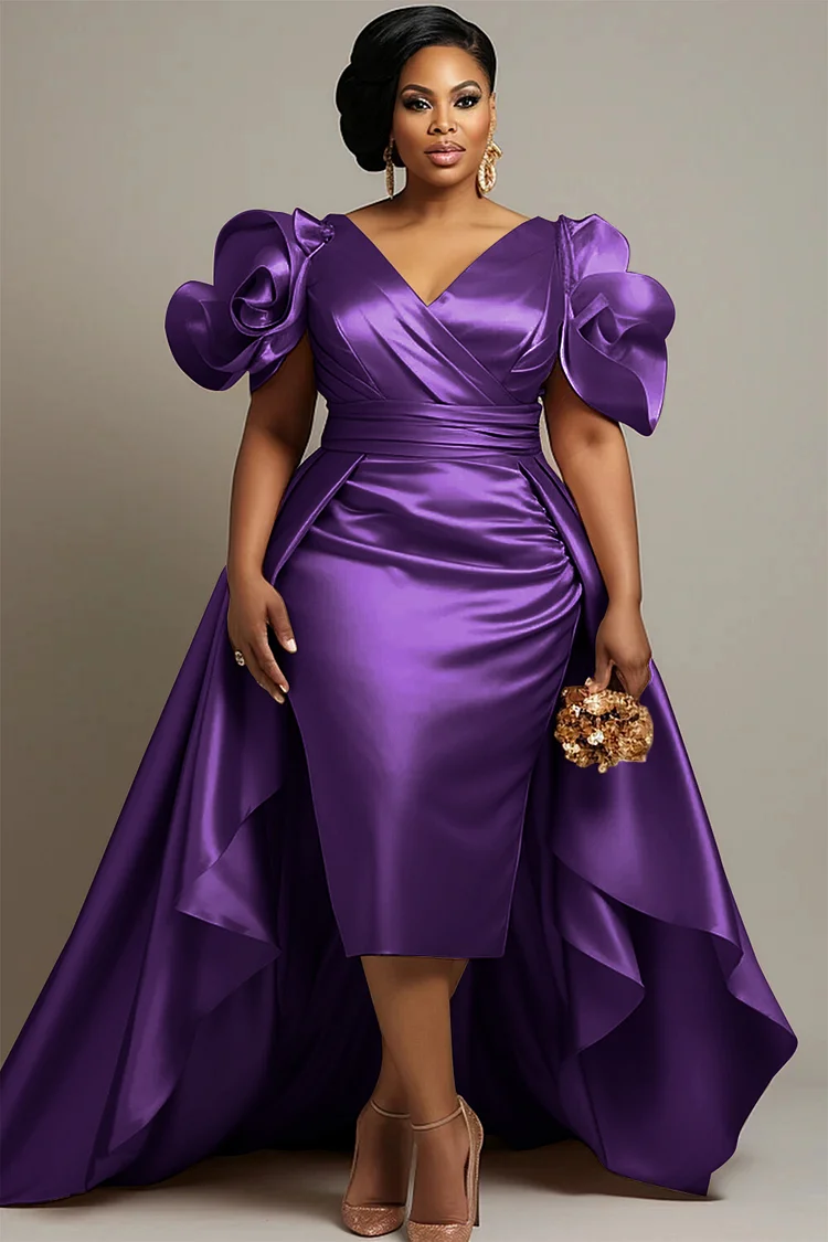 Xpluswear Design Plus Size Mother Of The Bride Champagne Short Sleeve Peplum 3D Satin Midi Dresses 2024 - Xpluswear