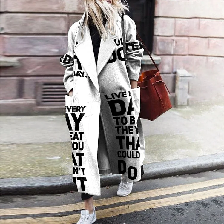 VChics Fashion lapel letter print long coat