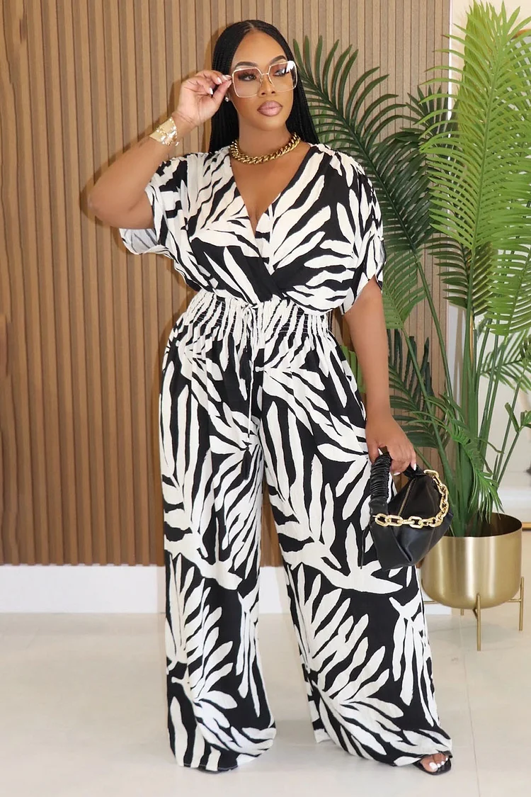 V Neck Ruched Waist Leaves Print Vacation Wide Leg Jumpsuit-Black [Pre Order]