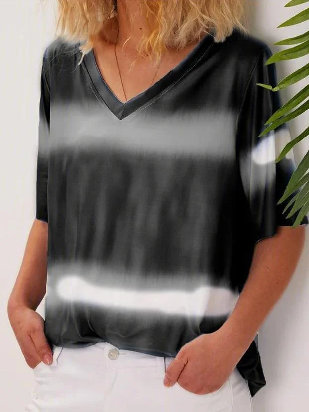 Women Short Sleeve V-neck Colorblock Gradient Top