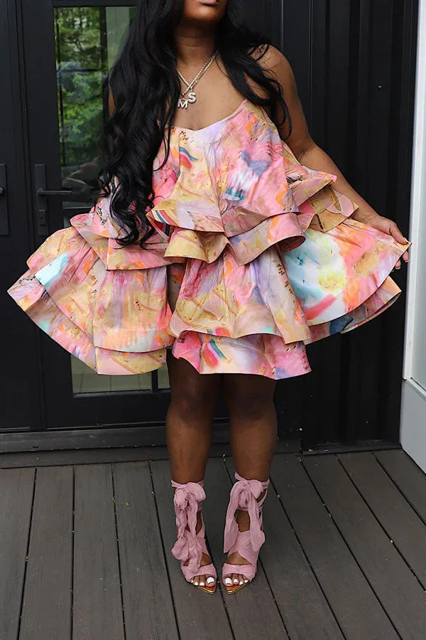 Abstract Print Sweet Tiered Ruffle Mini Dress