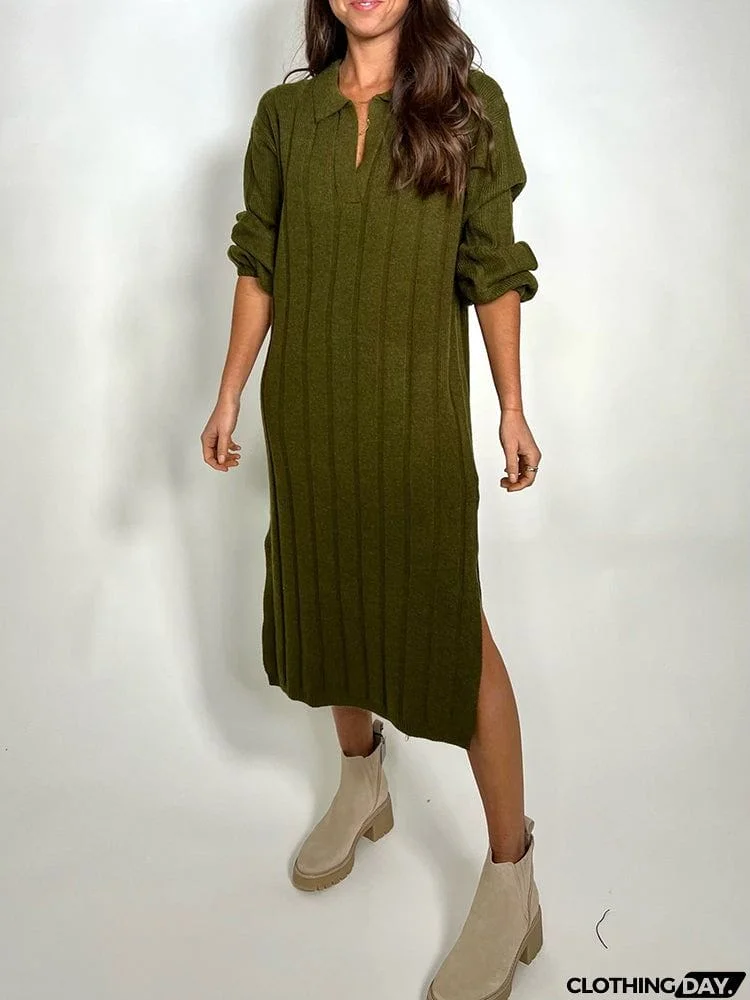 Simple Long Sleeves Crochet Jacquard Polo Sweater Maxi Dresses