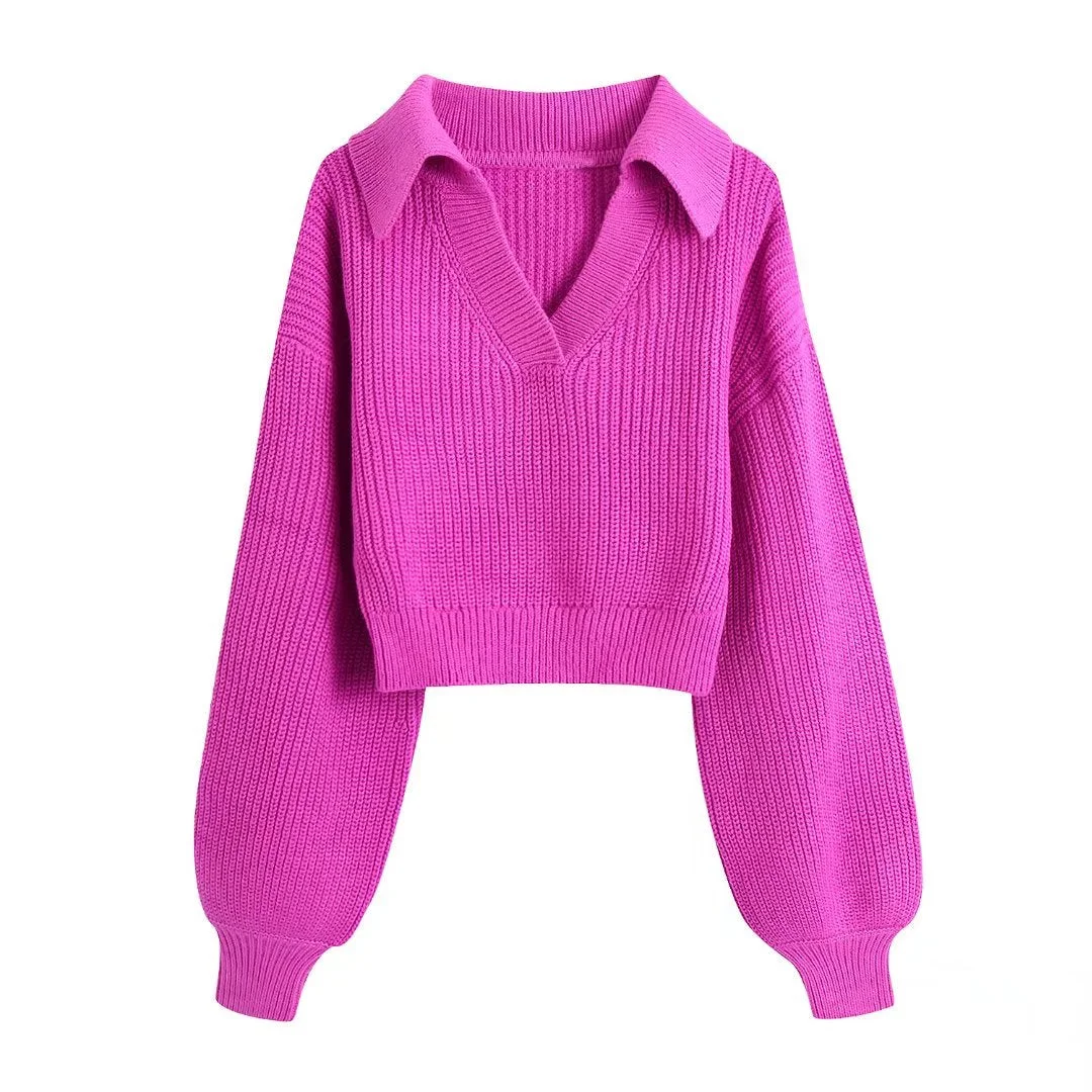 Willshela Women Fashion Cropped Knit Sweater Long Sleeves Lapel Collar V-neck Casual Woman Knitted Sweaters Pullover Chic Tops
