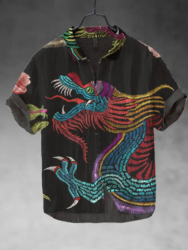 Men's Chinese Style Dragon Embroidery Printed Short Sleeve Shirt