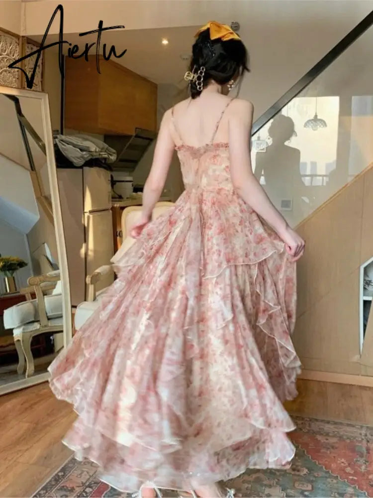 Elegant Chiffon Print Dress Women Retro Sexy Sweet Fit Chic Spaghetti Strap Lace-up Corset Dress Holiday Beach Summer Dress Aiertu