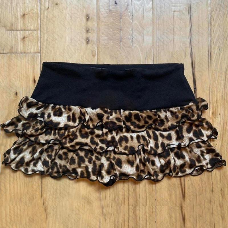 Wimawait Harajuku Leopard print Y2K Lace Skirt Casual Punk Mini Skirt Streetwear Rock Goth Low Rise Skirts Hiphop Retro Half length skirt
