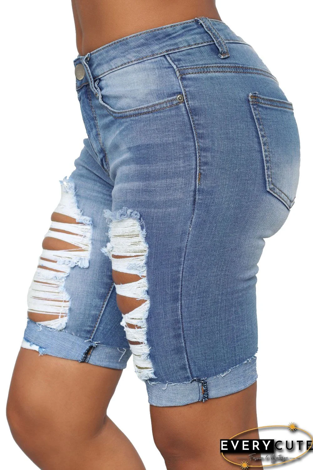 Turn Up Cuffs Above-knee Length Ribbed Jeans