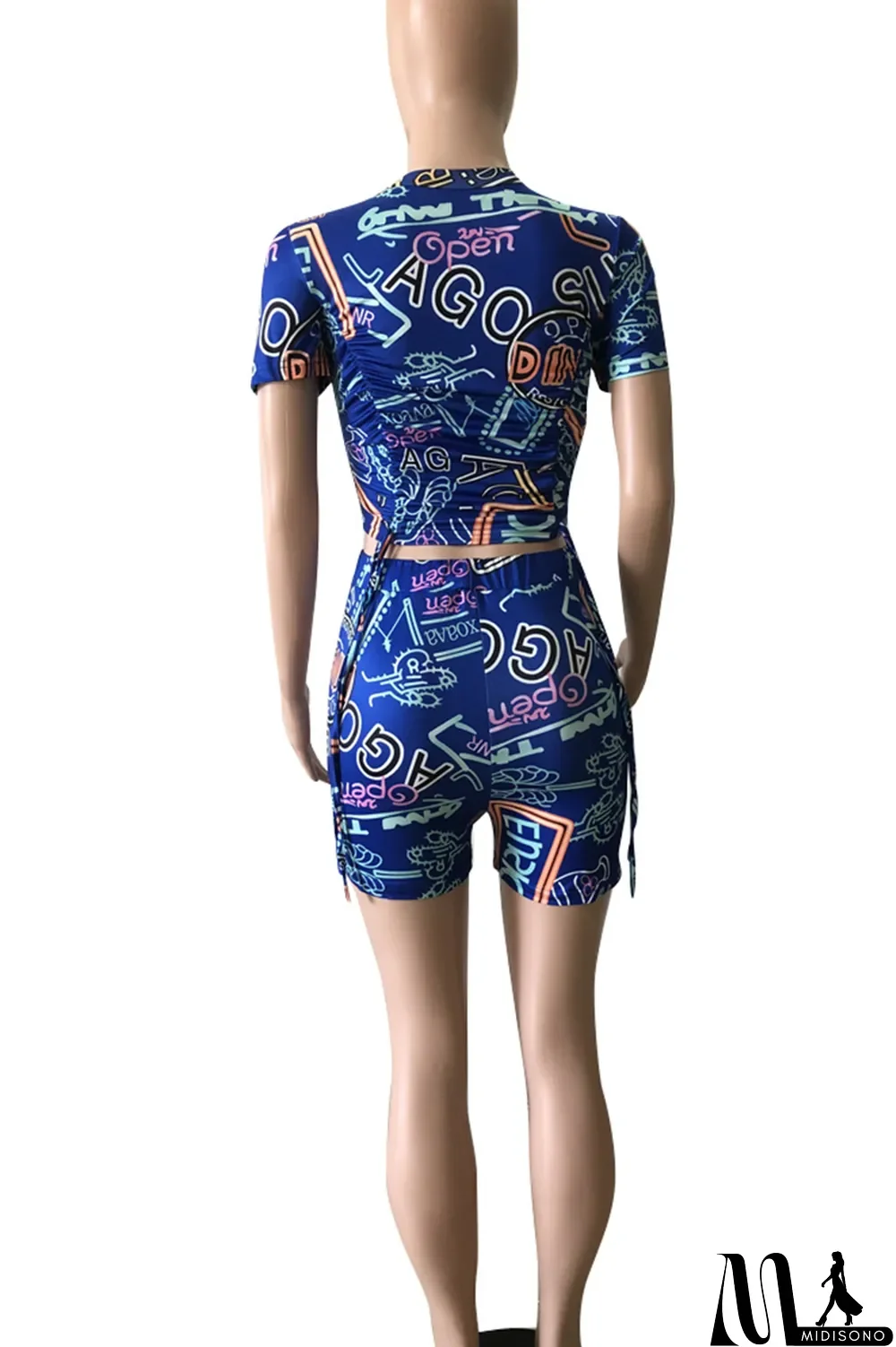 MidiSono - Blue Casual Print Draw String Turtleneck Short Sleeve Two Pieces