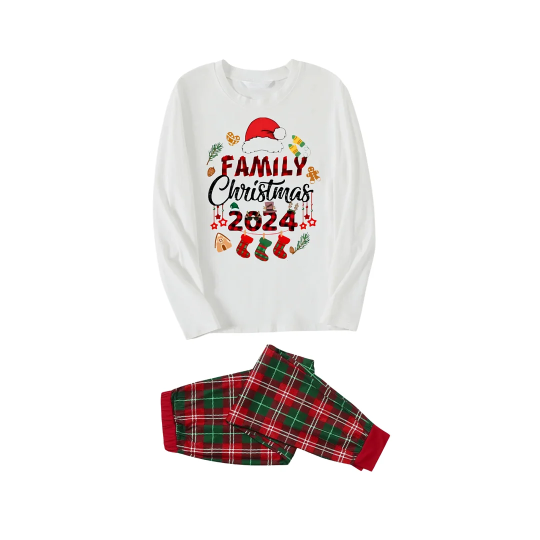 "Family Christmas 2024" and Christmas Pattern Printed Red & Green Plaid Family Matching Pajamas