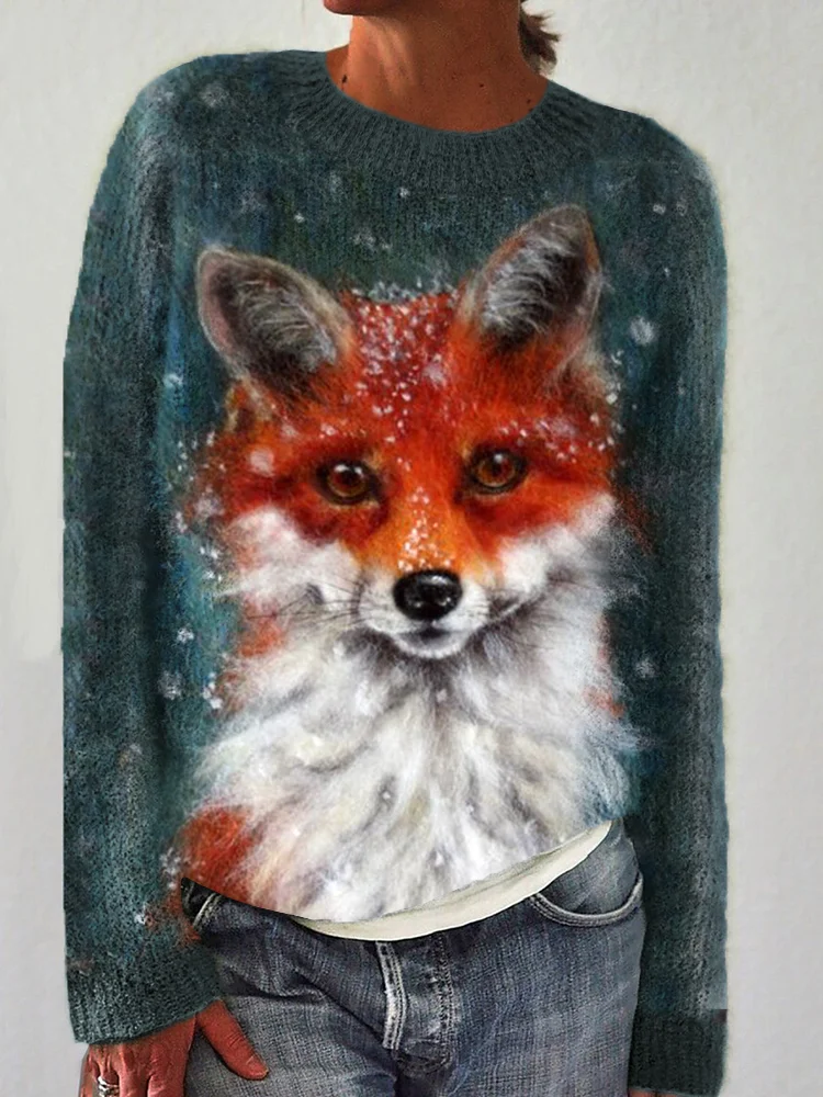 Fox in the Snow Wool Art Cozy Strickpullover