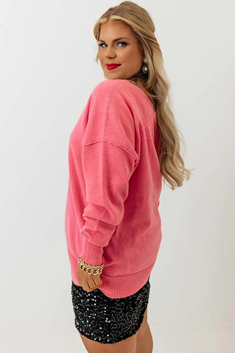 Pink Plus Size Drop Shoulder V Neck Sweater