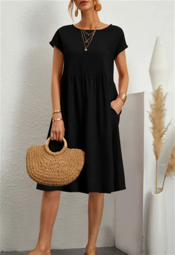 Women Cap Sleeve Pocket Midi Dress Round Neck Loose Casual Cotton Linen Summer Vacation Dress