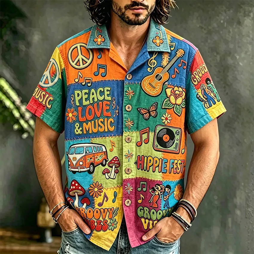 Men's Hippie Style Peace Love Music Patchwork Art Print Casual Shirt elevenforest