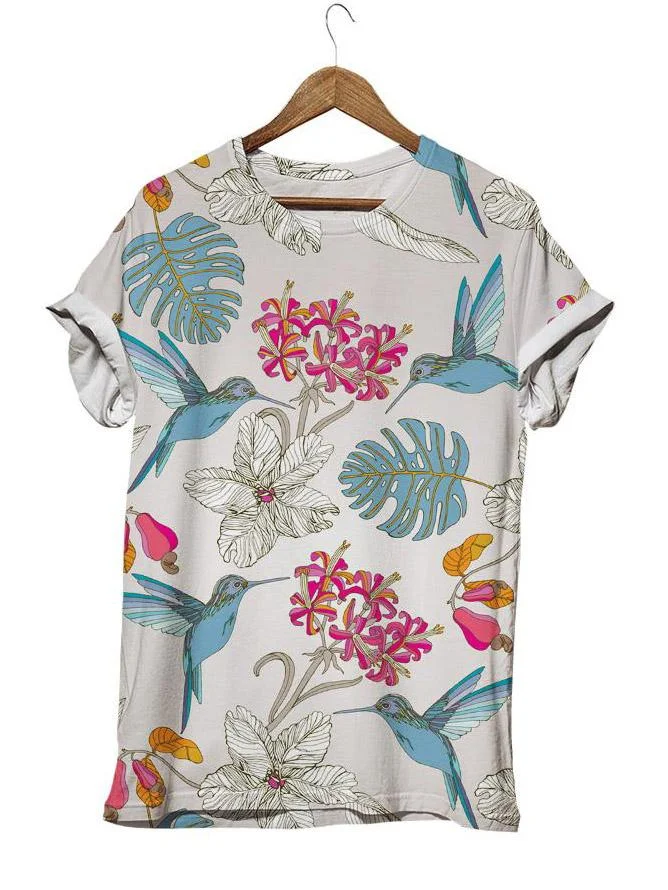 Casual cute kingfisher print crew neck top-Mayoulove