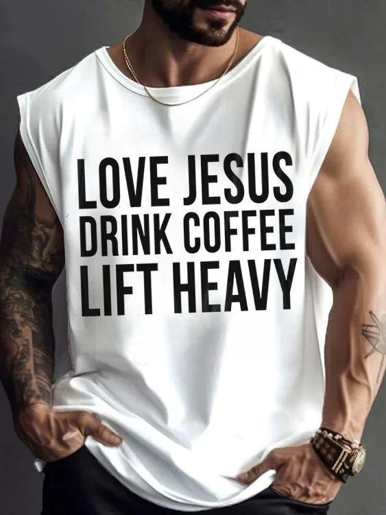 Men's Love Jesus Drink Coffee Lift Heavy Printed Workout Tank Top