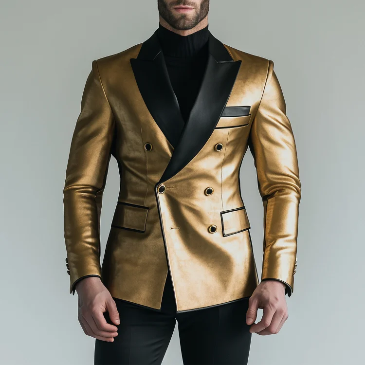 Okaywear PU Leather Peak Lapel Double Breasted Long Sleeve Blazer Okaywear