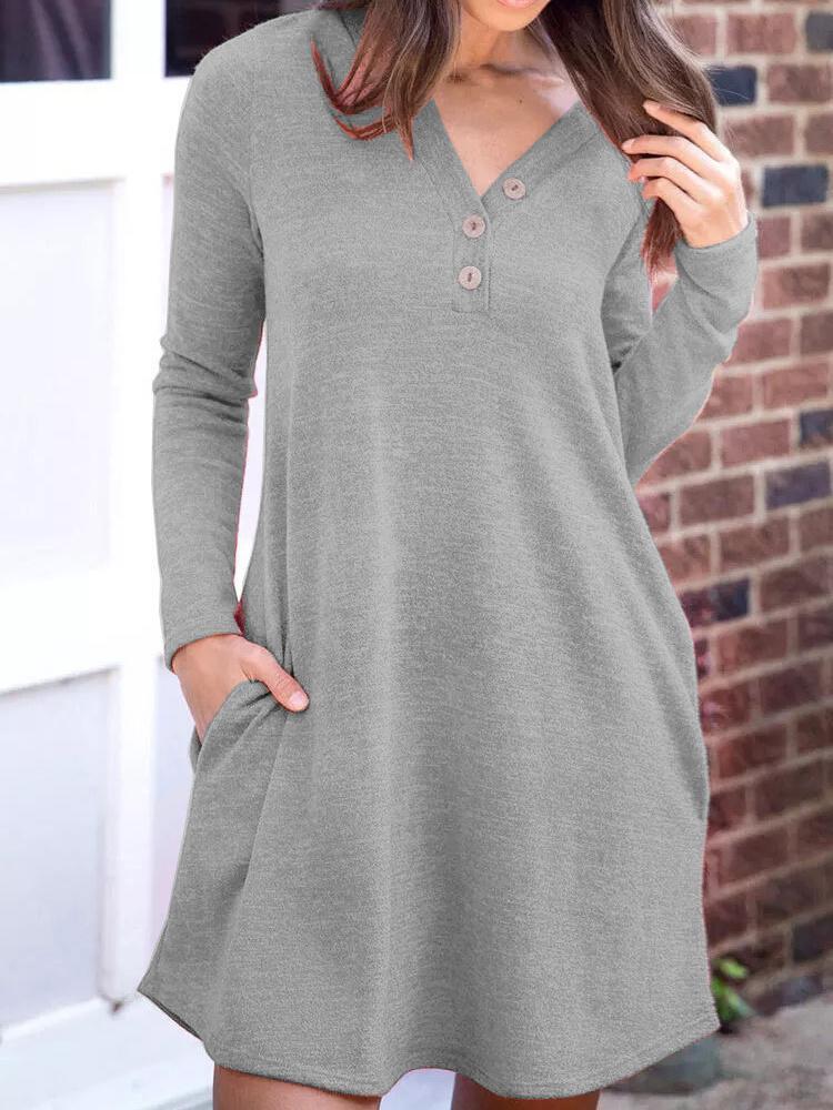 Women's Pocket  Solid Color Casual Long Sleeve Midi Dress