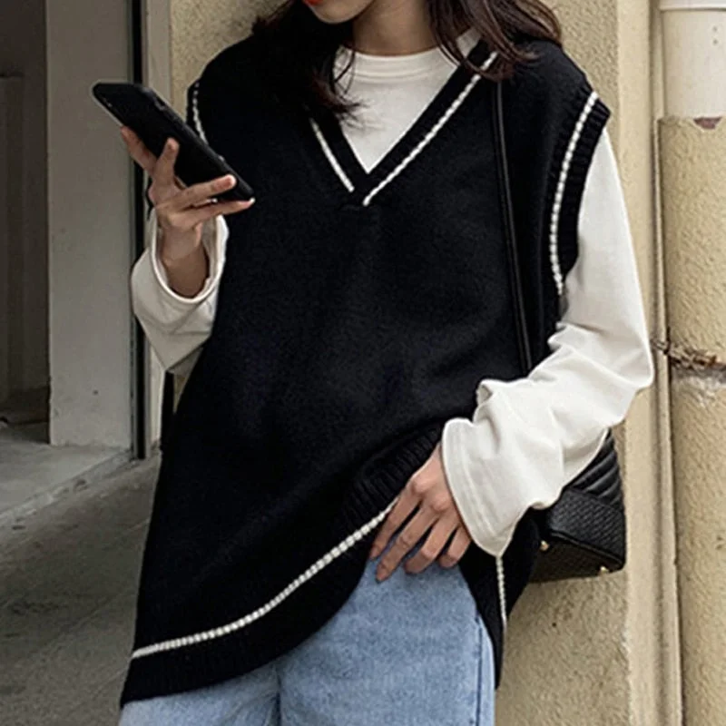 Sweater Woman Vest Simple Knitted Sweater All-Match Top Korean Style V Neck Leisure Student Sleeveless Girl Vintage Streetwear
