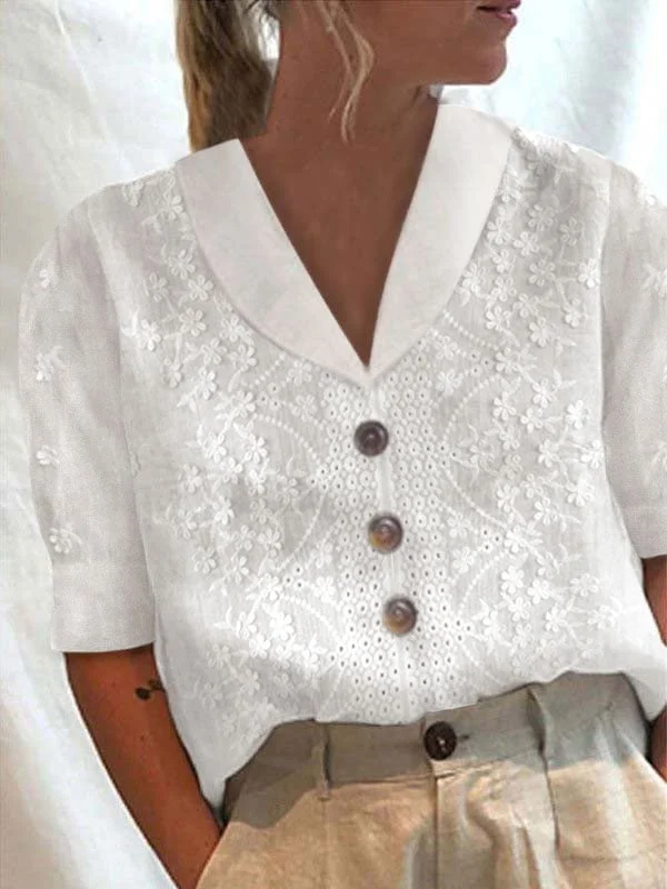 Women's Cotton Linen Lace Lapel Button Down Short Sleeve Shirt-mysite