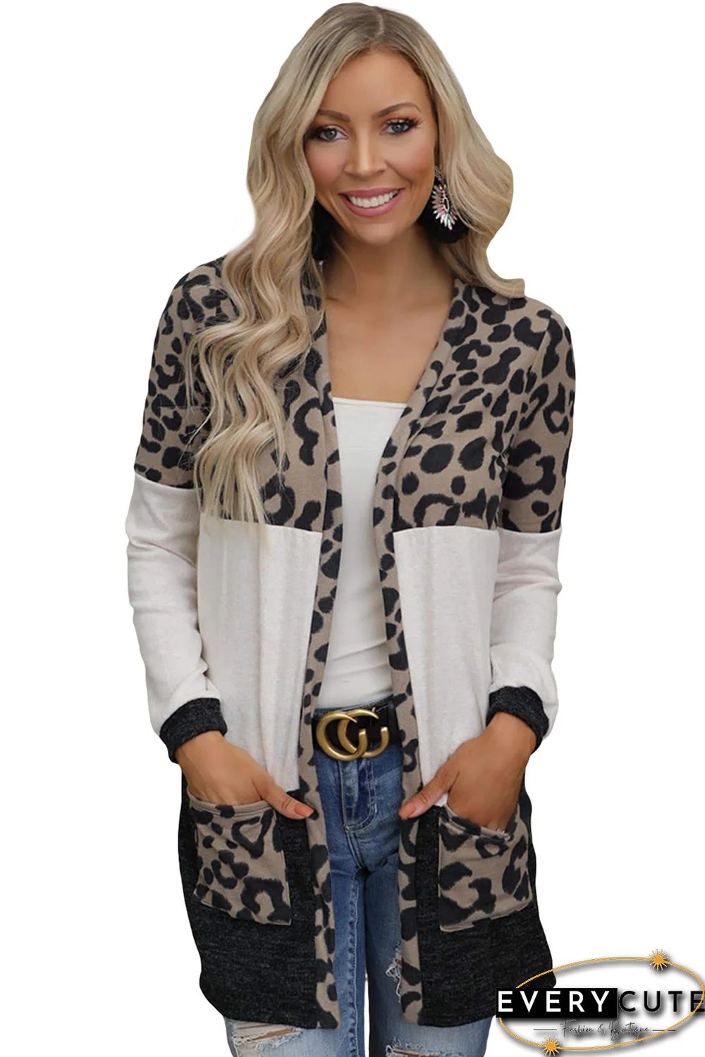 Leopard Block Cardigan with Pockets