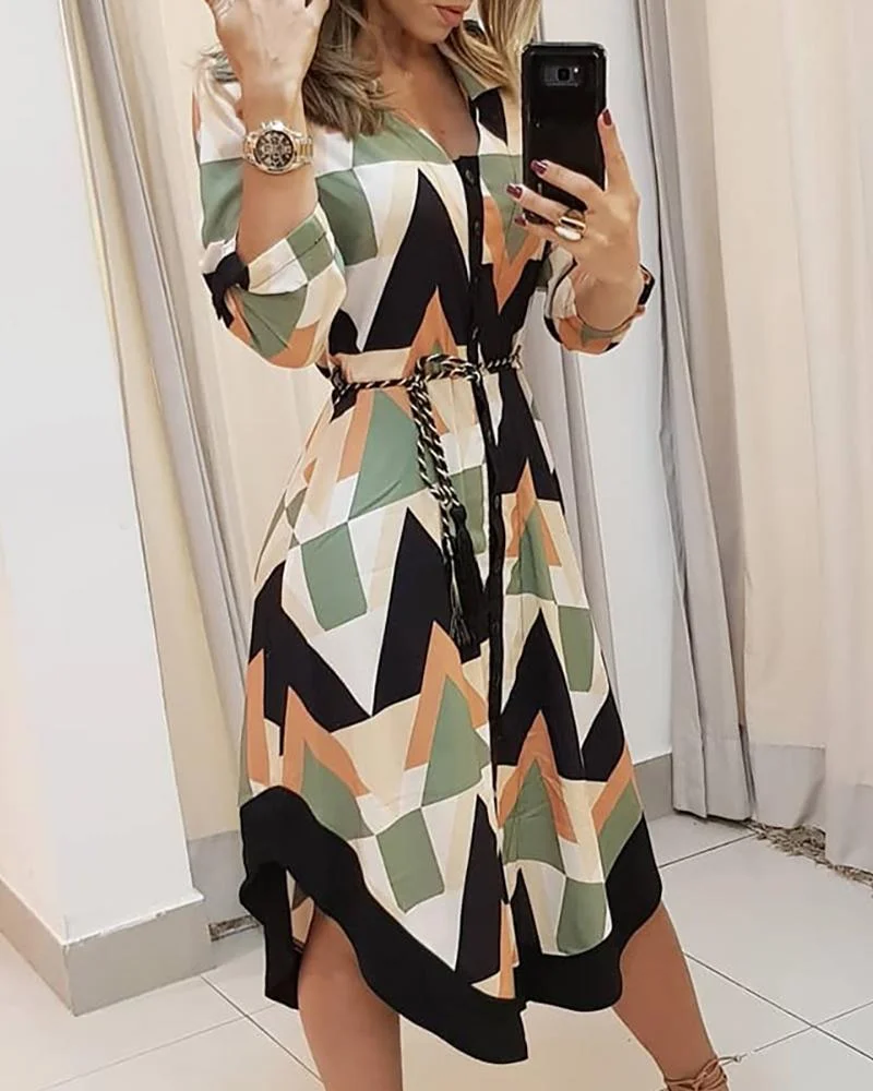 Color Blocked Geo Print Asymmetrical Shirt Dress