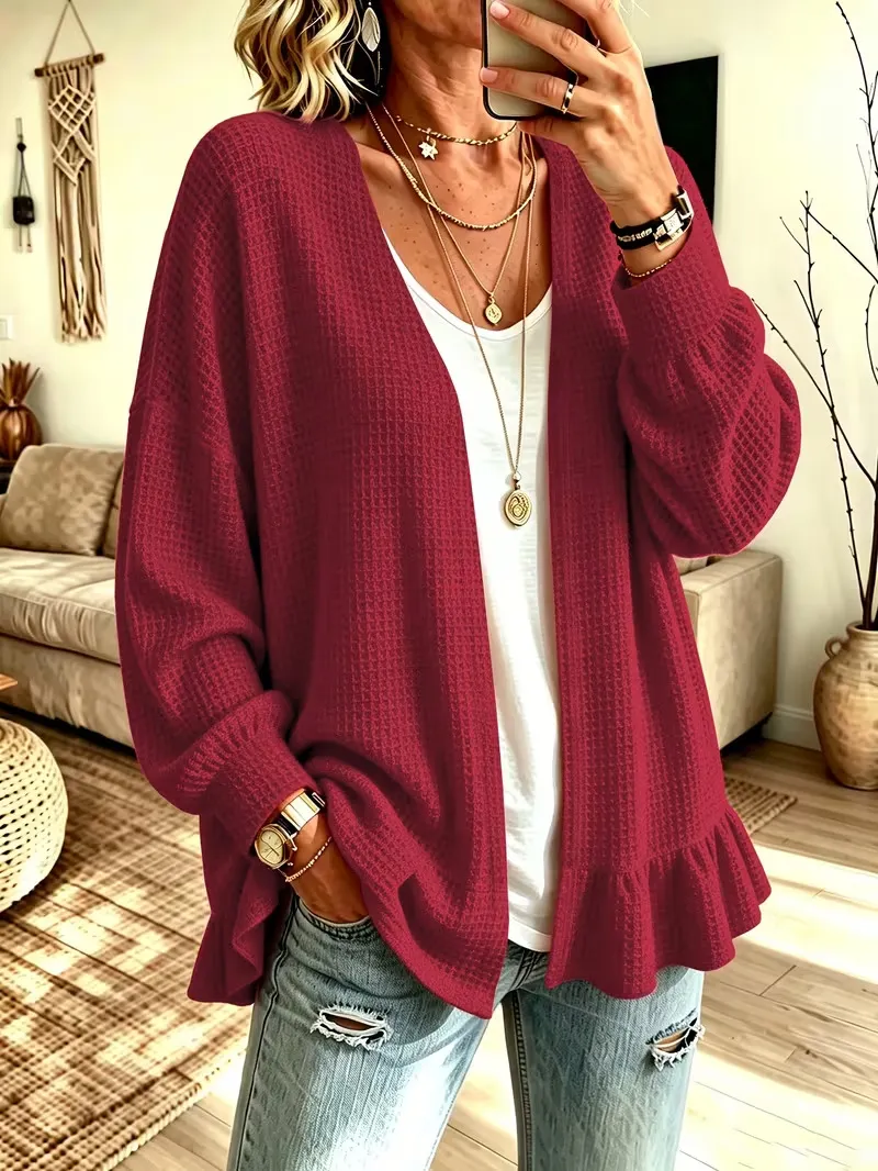 Women Waffle Knit Open Front Cardigan